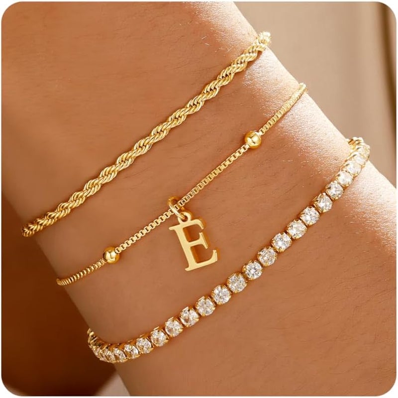 JIAOGE Valentines Day Gifts for Her Kids - Dainty Gold Bracelets for Women Personalized Gold/Silver Initial Bracelet Stack Stackable Rope Box Chain Tennis Bracelets for Girls Jewelry Set - Image 1